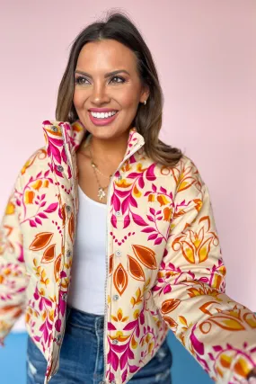 Ivory Printed Mock Neck Button Front Puff Jacket *FINAL SALE*
