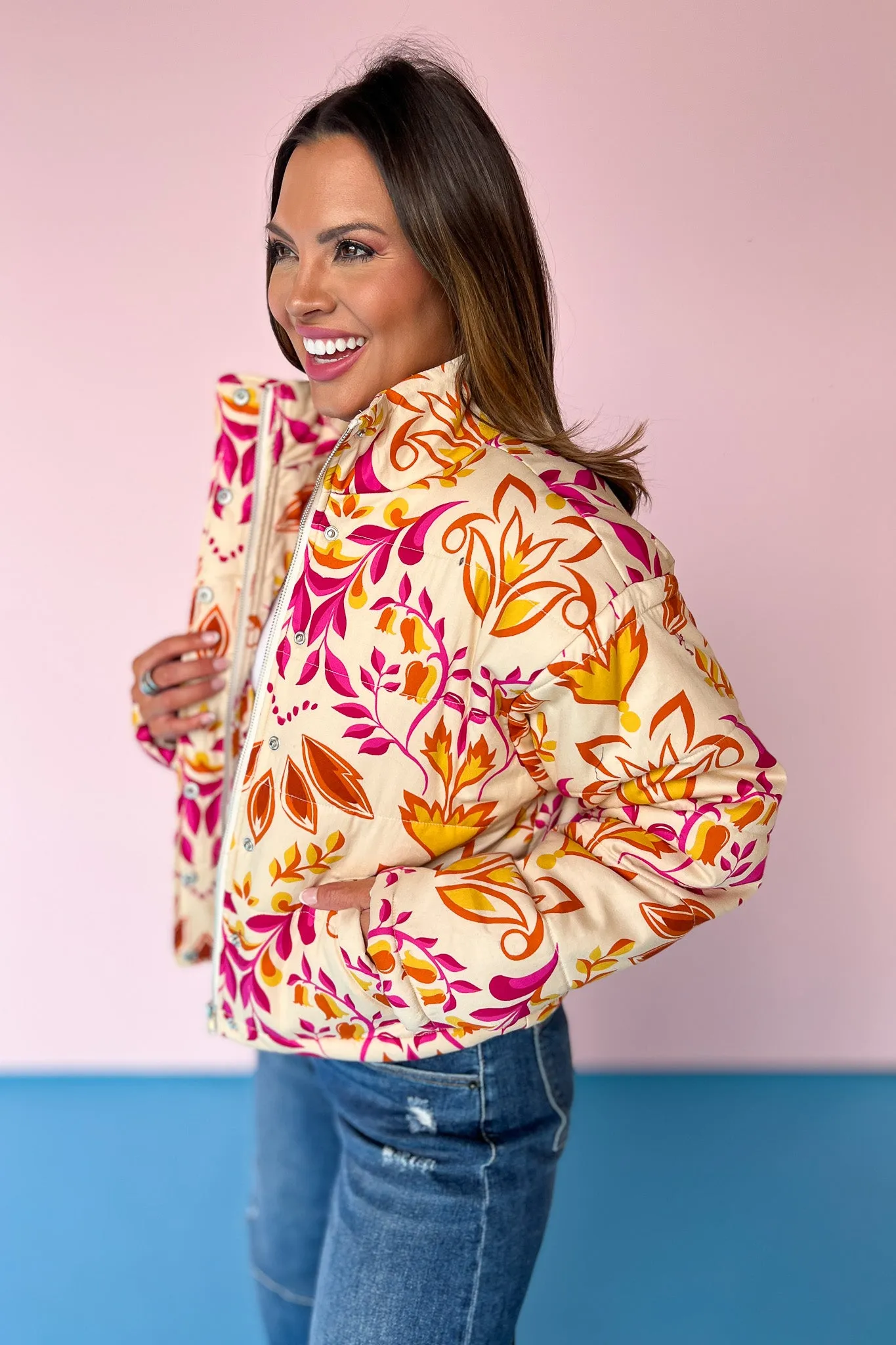 Ivory Printed Mock Neck Button Front Puff Jacket *FINAL SALE*