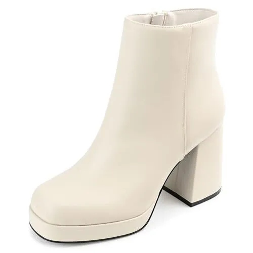 Journee Womens' Mollie Square Toe Platform Ankle Booties, White, 8