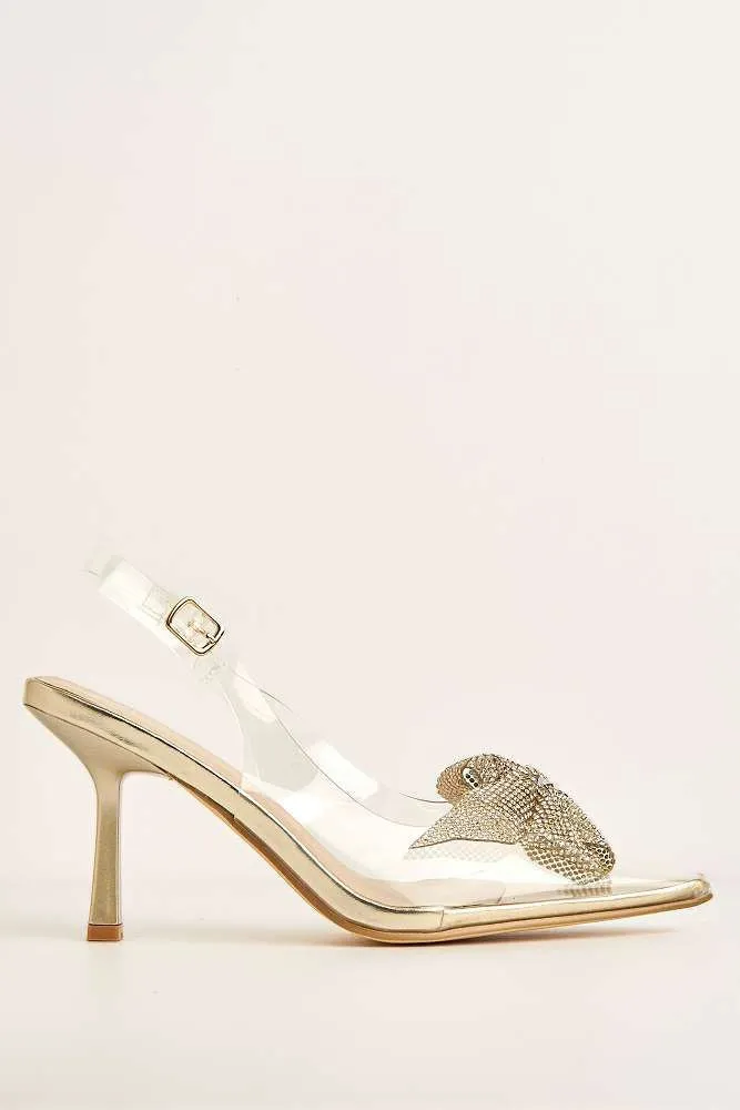 Juni Diamante Bow Detail Perspex Court Shoes in Gold