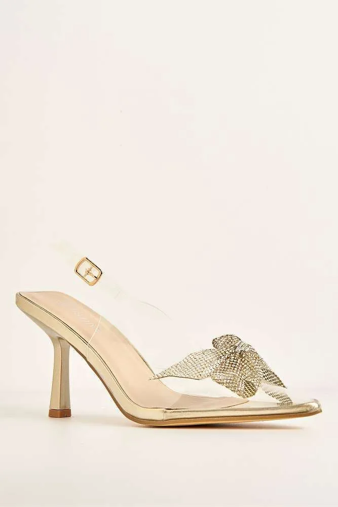 Juni Diamante Bow Detail Perspex Court Shoes in Gold