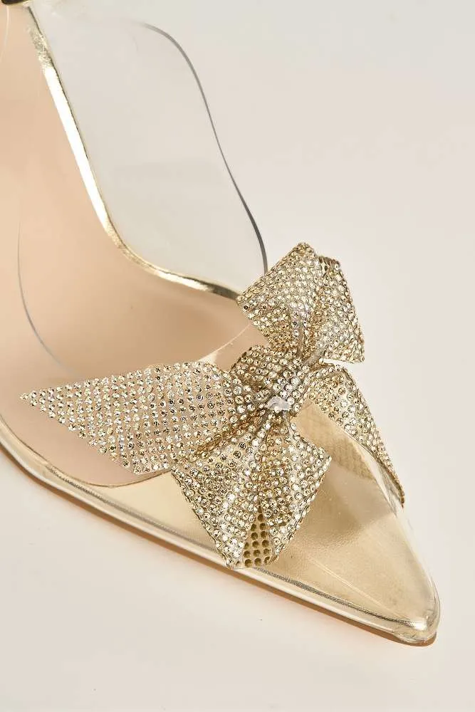 Juni Diamante Bow Detail Perspex Court Shoes in Gold