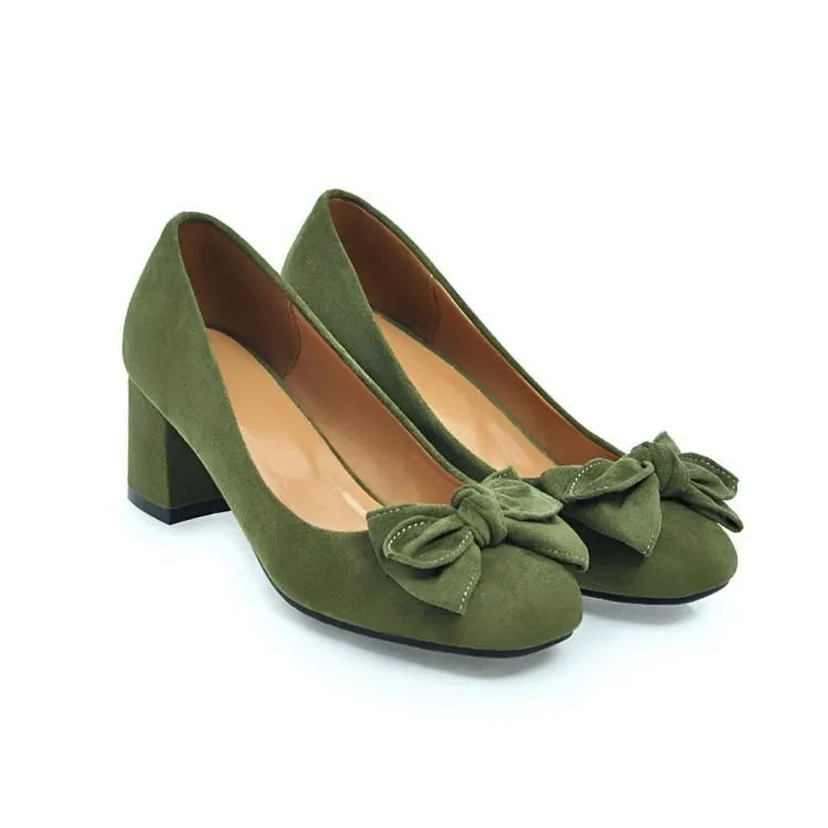 Ladies Sweet Butterfly Knot Suede Thick Heel Middle Heels Woman Pumps