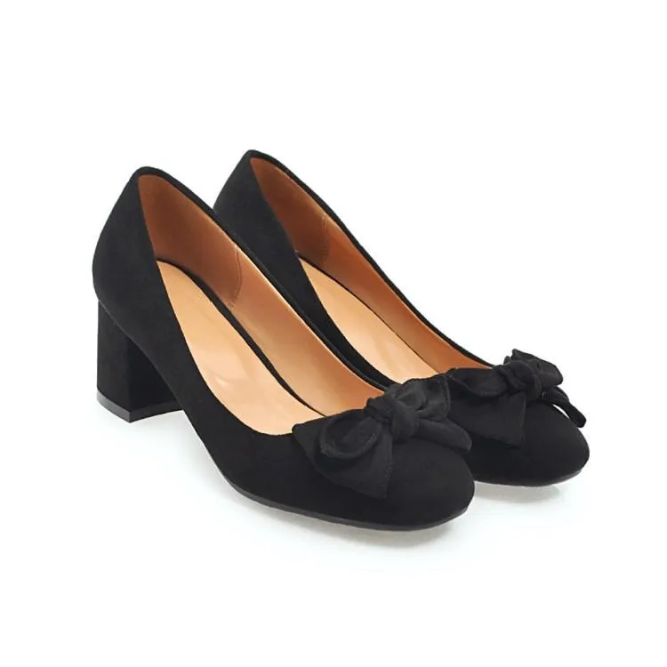 Ladies Sweet Butterfly Knot Suede Thick Heel Middle Heels Woman Pumps
