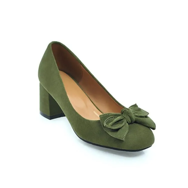 Ladies Sweet Butterfly Knot Suede Thick Heel Middle Heels Woman Pumps