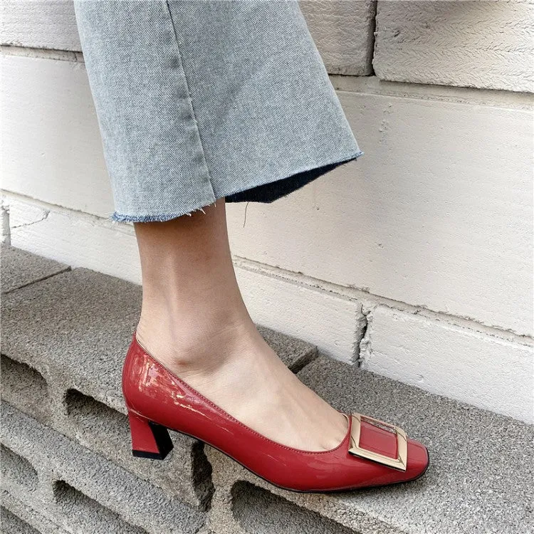 Ladies Thick Heel Square Head Shallow Mouth Buckle Woman Chunky Pumps
