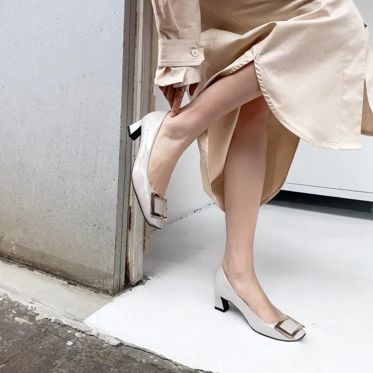 Ladies Thick Heel Square Head Shallow Mouth Buckle Woman Chunky Pumps