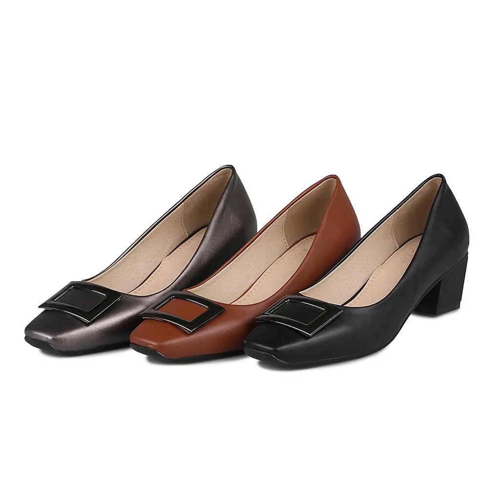 Lady Squaretoe  Buckle Shallow Mouth Shoes Woman Chunky Heels Pumps