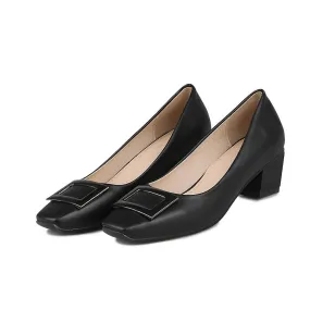 Lady Squaretoe  Buckle Shallow Mouth Shoes Woman Chunky Heels Pumps