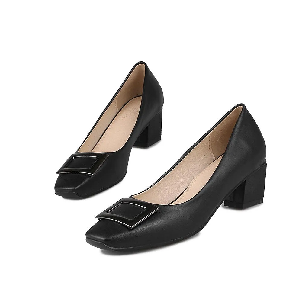 Lady Squaretoe  Buckle Shallow Mouth Shoes Woman Chunky Heels Pumps