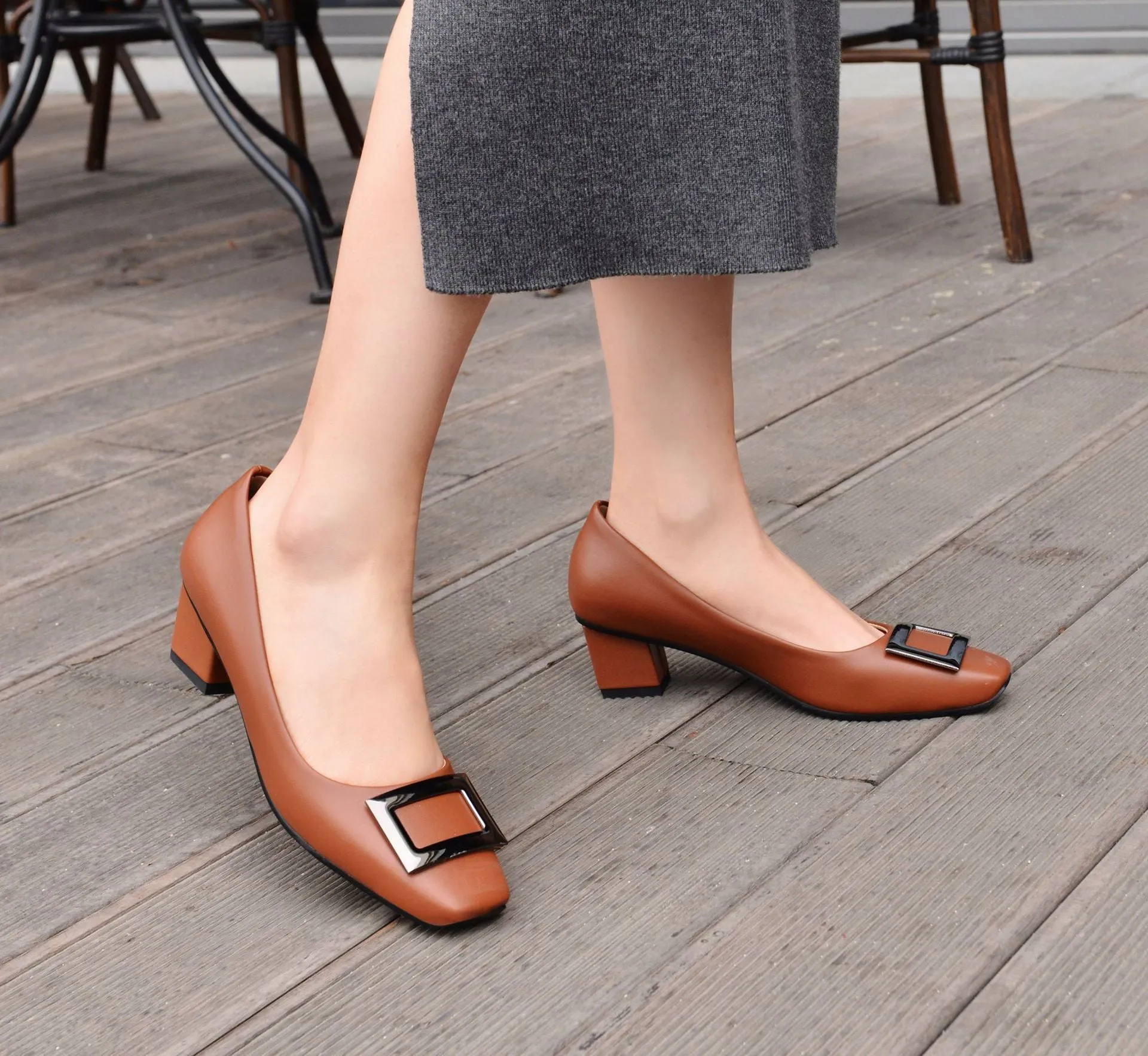 Lady Squaretoe  Buckle Shallow Mouth Shoes Woman Chunky Heels Pumps