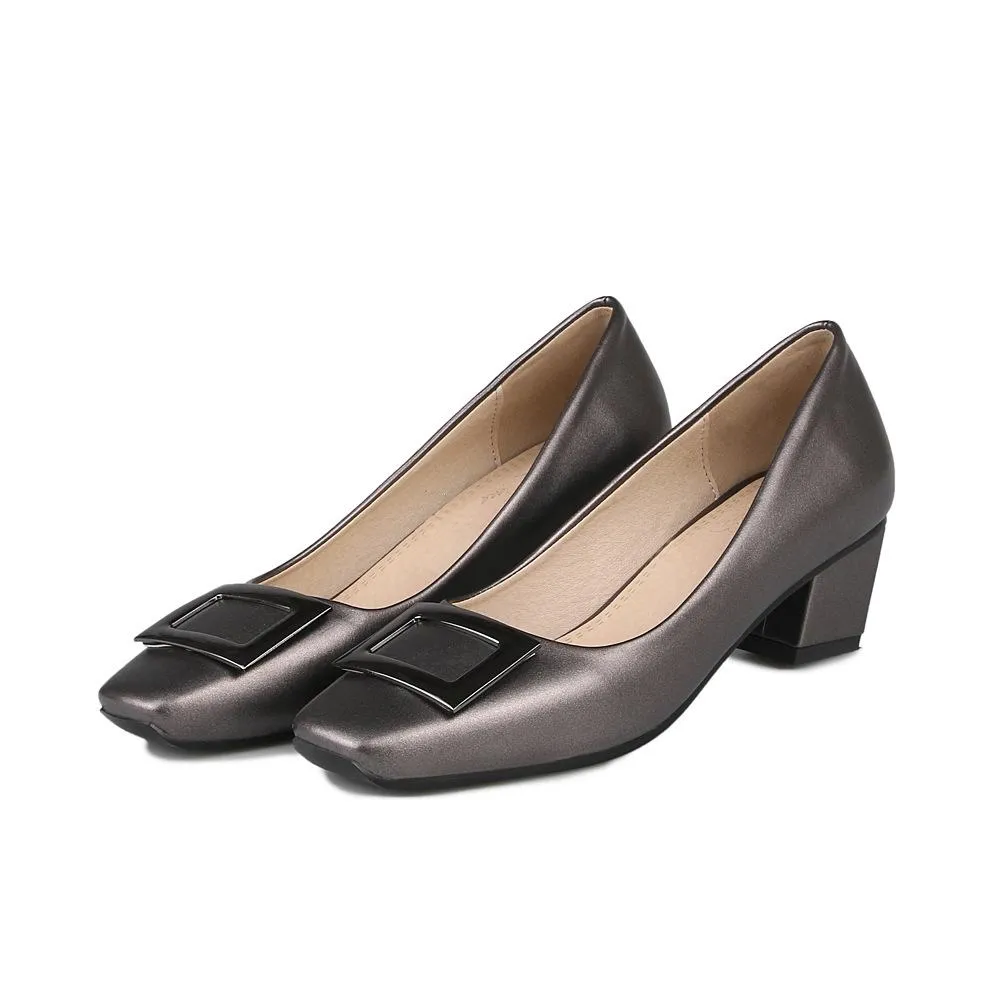 Lady Squaretoe  Buckle Shallow Mouth Shoes Woman Chunky Heels Pumps