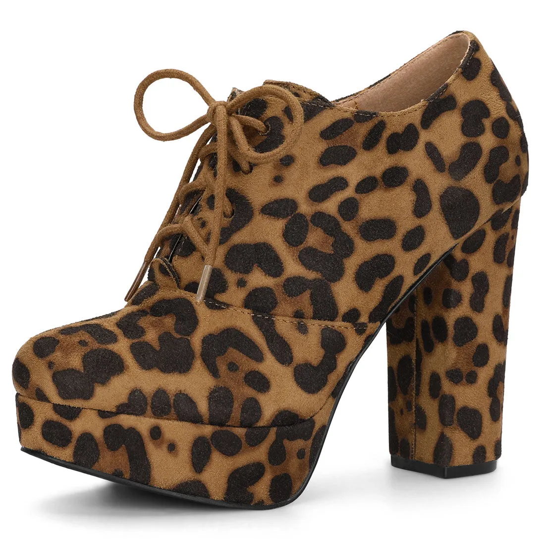 Leopard Print Platform Chunky Heel Lace Up Booties