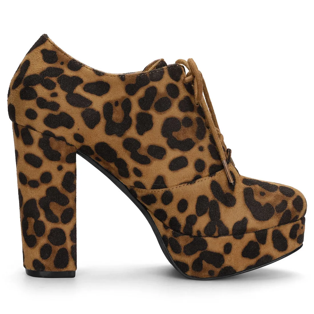 Leopard Print Platform Chunky Heel Lace Up Booties