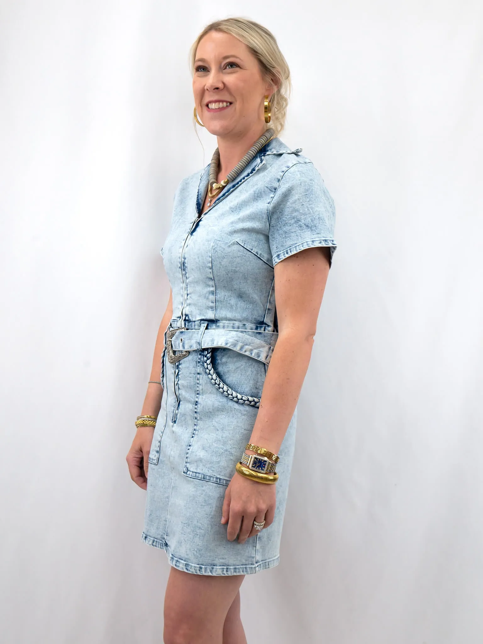 Light Blue Denim Belted Dress