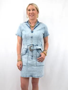 Light Blue Denim Belted Dress