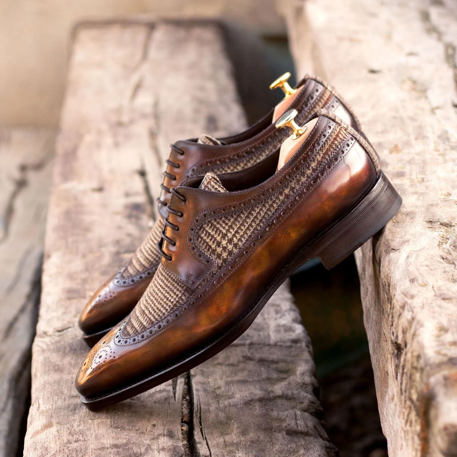 Men's Longwing Blucher Shoes Patina Leather Goodyear Welt Wide Plus Size Brown Burgundy 4983