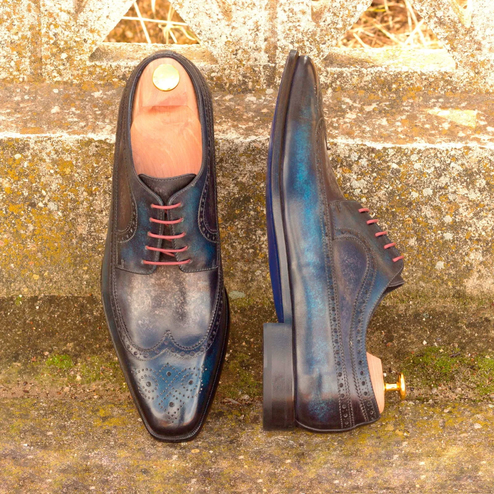Men's Longwing Blucher Shoes Patina Leather Wide Plus Size Blue Grey 2612