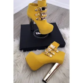 Metallic Belted Yellow Suede Platform Booties