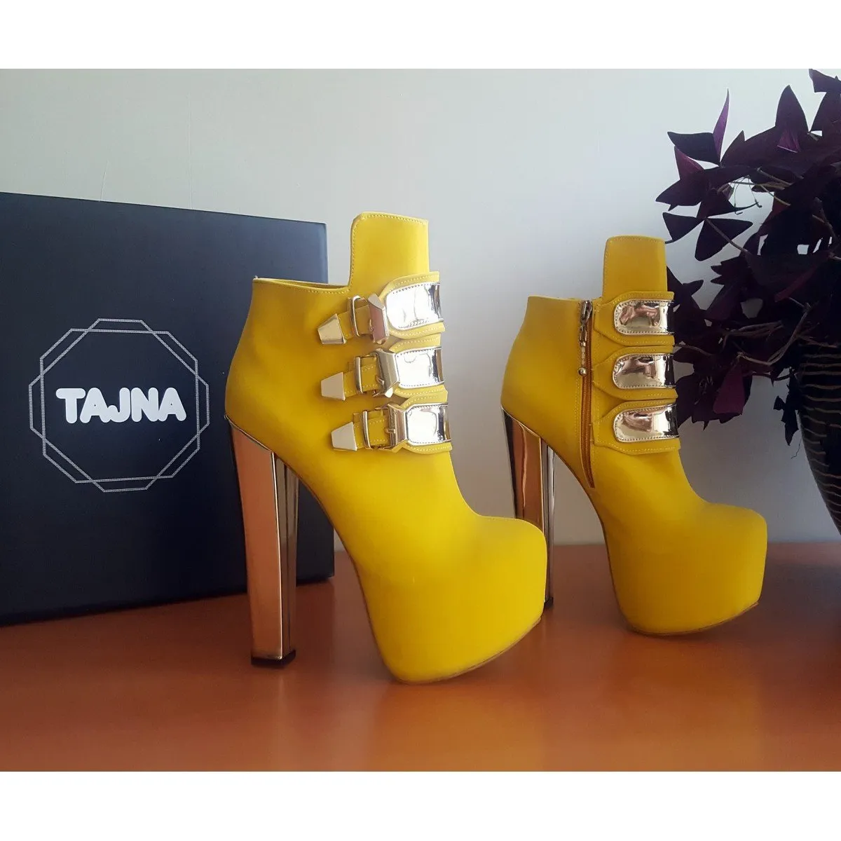 Metallic Belted Yellow Suede Platform Booties