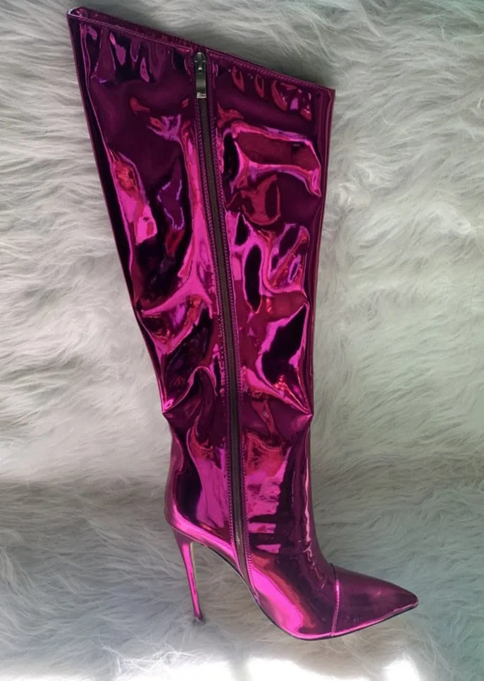 Metallic Patent Leather Knee High Boots