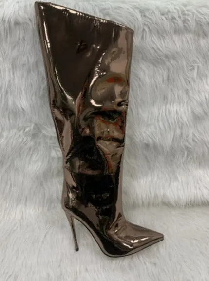 Metallic Patent Leather Knee High Boots