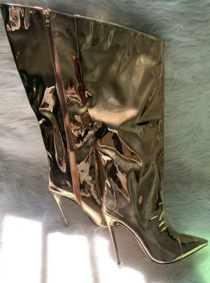 Metallic Patent Leather Knee High Boots
