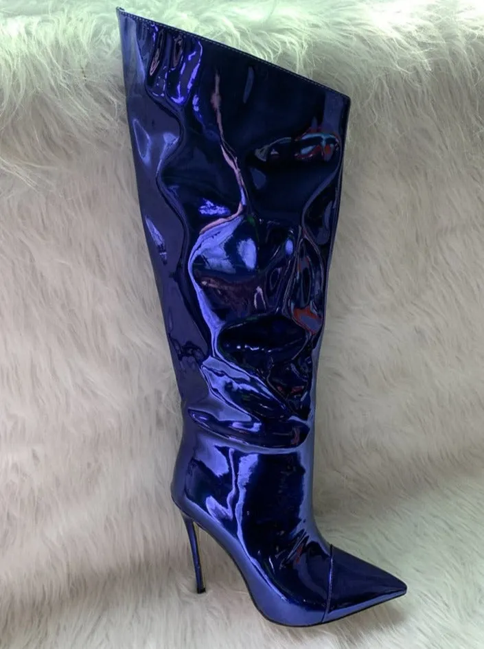 Metallic Patent Leather Knee High Boots