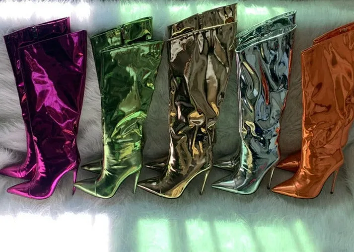 Metallic Patent Leather Knee High Boots