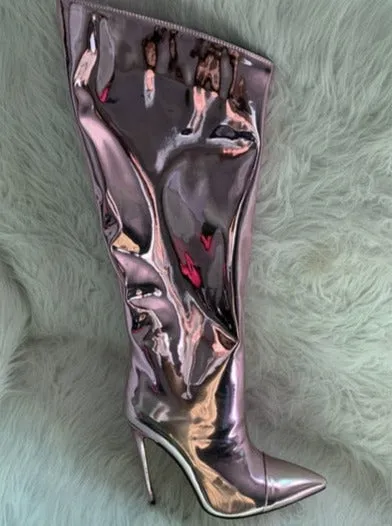 Metallic Patent Leather Knee High Boots