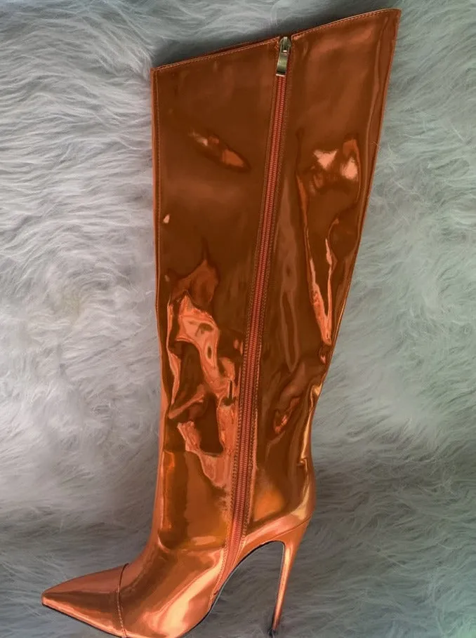 Metallic Patent Leather Knee High Boots