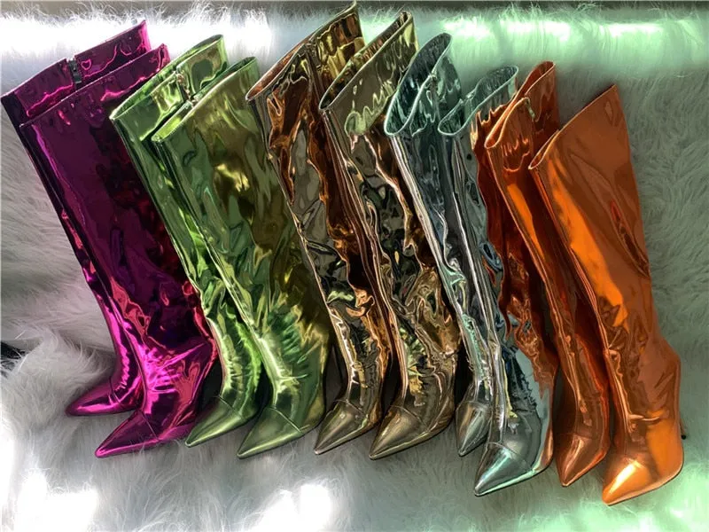Metallic Patent Leather Knee High Boots