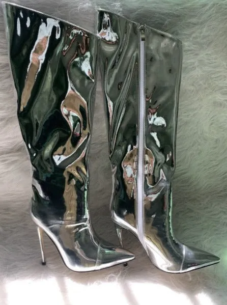 Metallic Patent Leather Knee High Boots