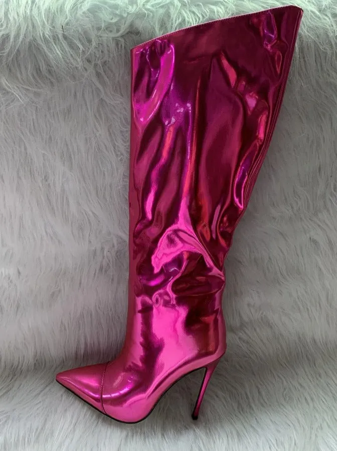Metallic Patent Leather Knee High Boots