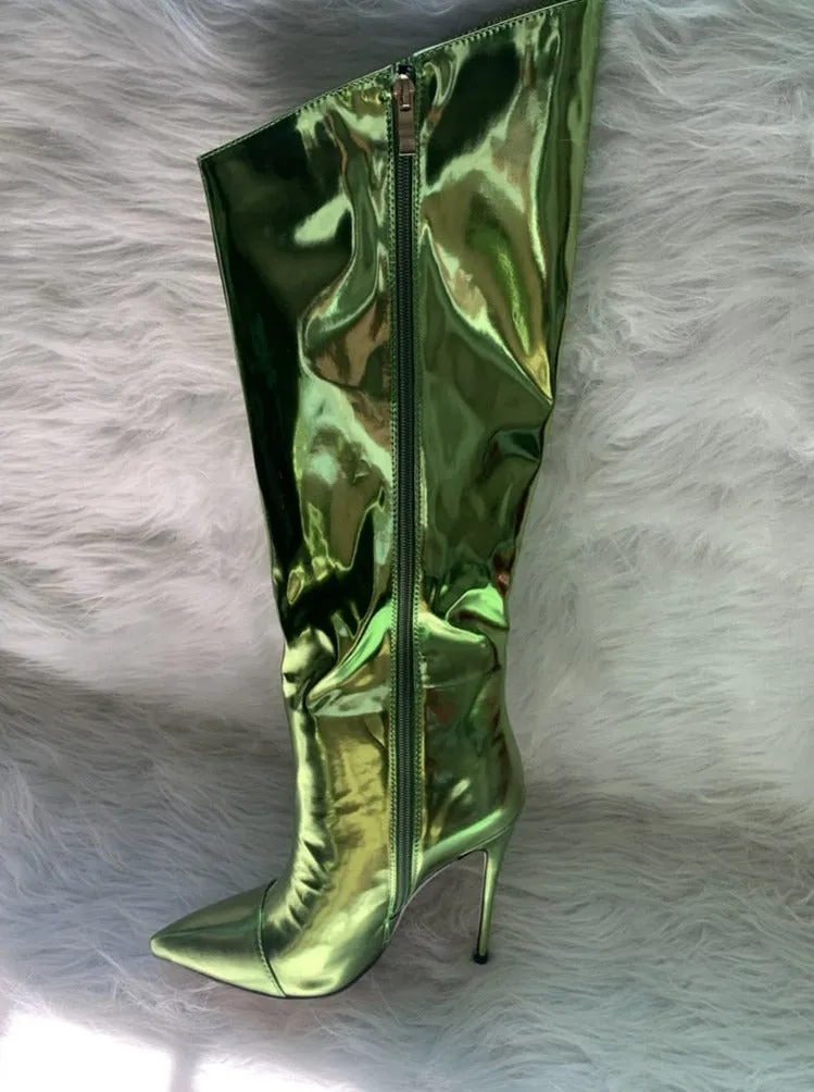 Metallic Patent Leather Knee High Boots
