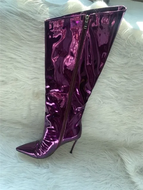 Metallic Patent Leather Knee High Boots