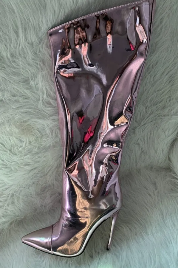 Metallic Patent Leather Knee High Boots