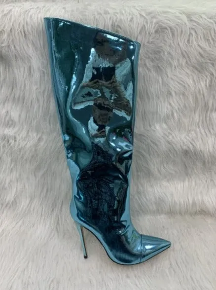 Metallic Patent Leather Knee High Boots