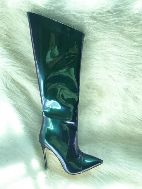 Metallic Patent Leather Knee High Boots