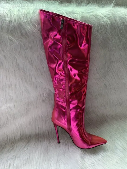 Metallic Patent Leather Knee High Boots