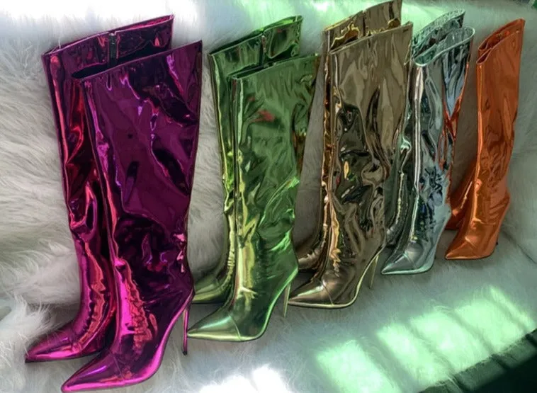 Metallic Patent Leather Knee High Boots