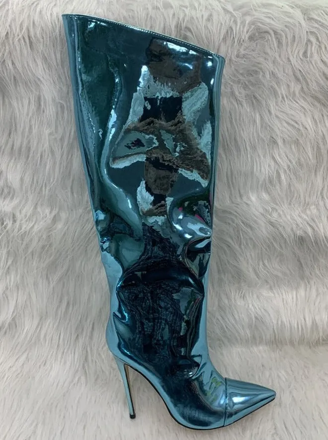 Metallic Patent Leather Knee High Boots
