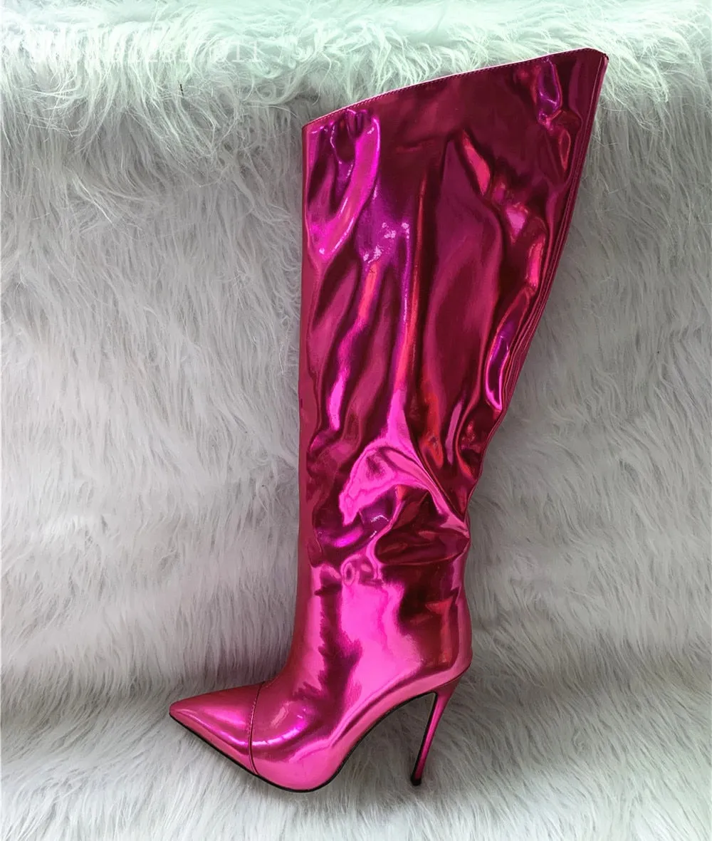 Metallic Patent Leather Knee High Boots