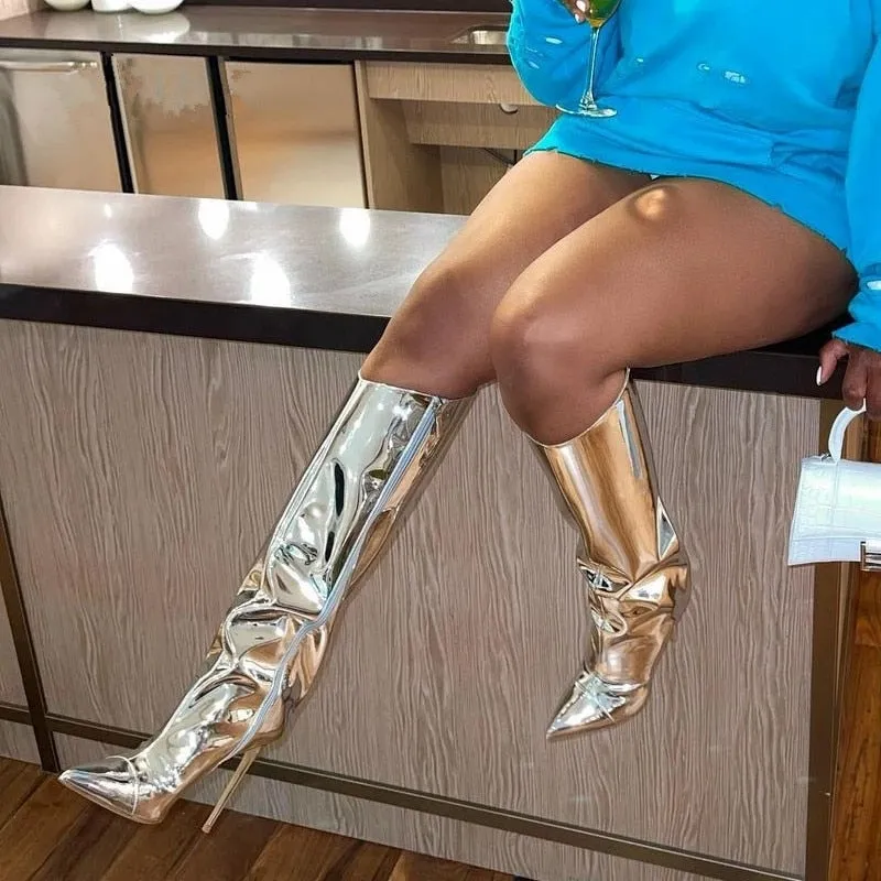 Metallic Patent Leather Knee High Boots