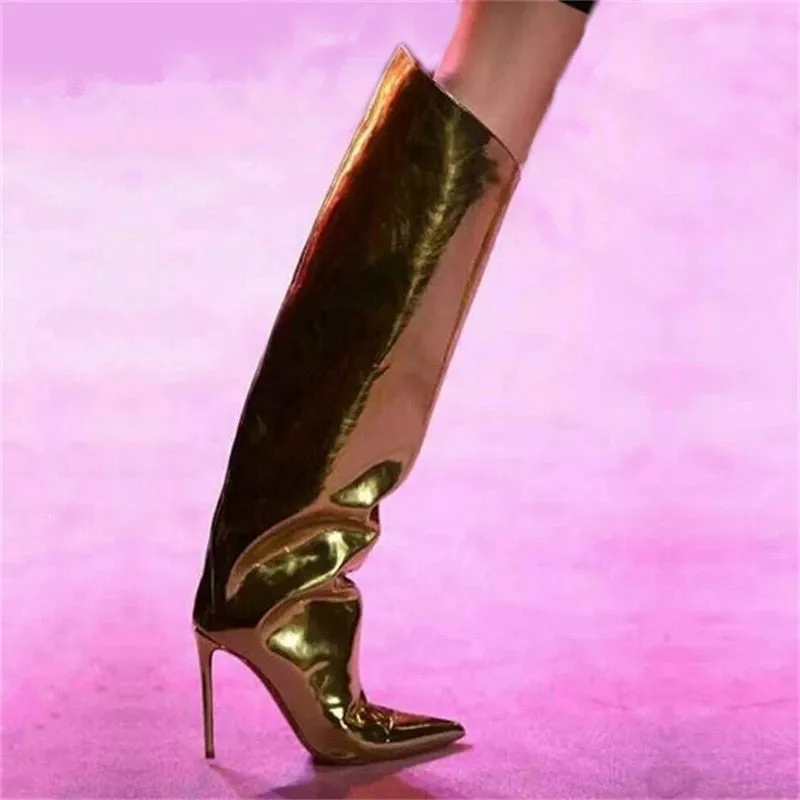 Metallic Patent Leather Knee High Boots