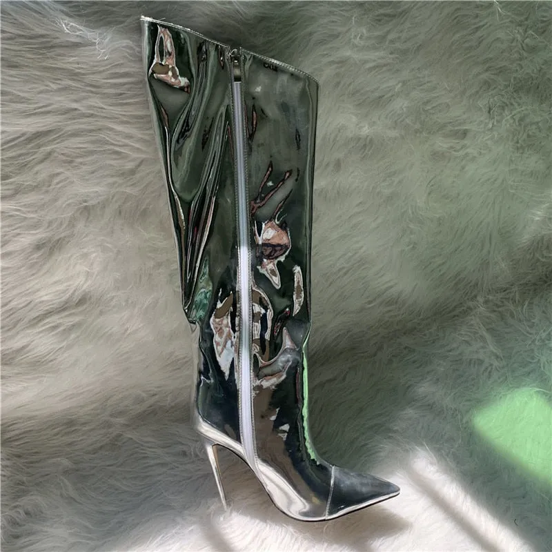 Metallic Patent Leather Knee High Boots