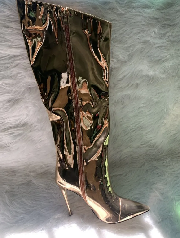 Metallic Patent Leather Knee High Boots