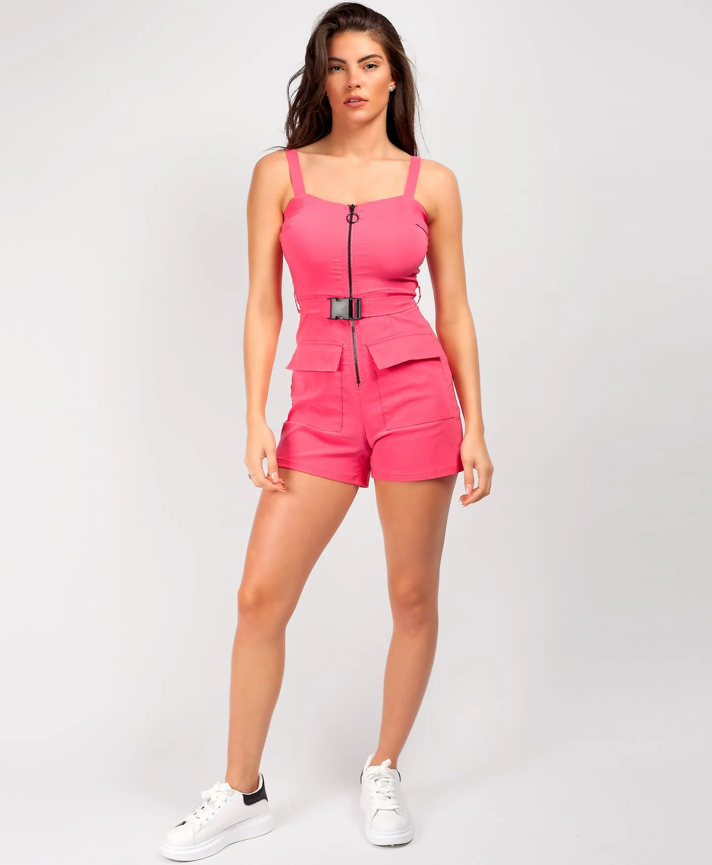 Neon Pink Utility Belt Zip Up Playsuit