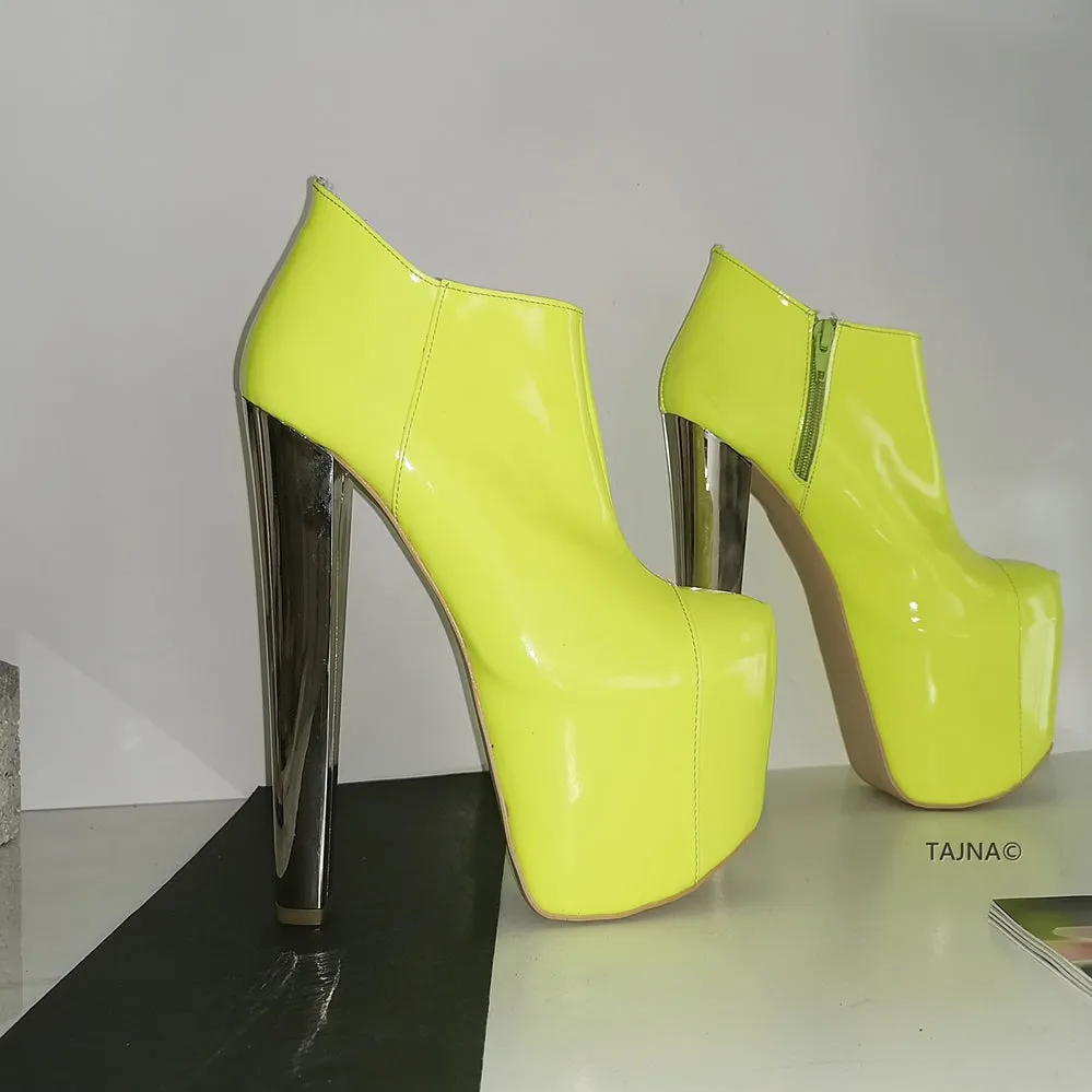 Neon Yellow Patent Platform Ankle Booties