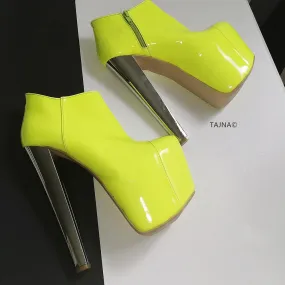 Neon Yellow Patent Platform Ankle Booties